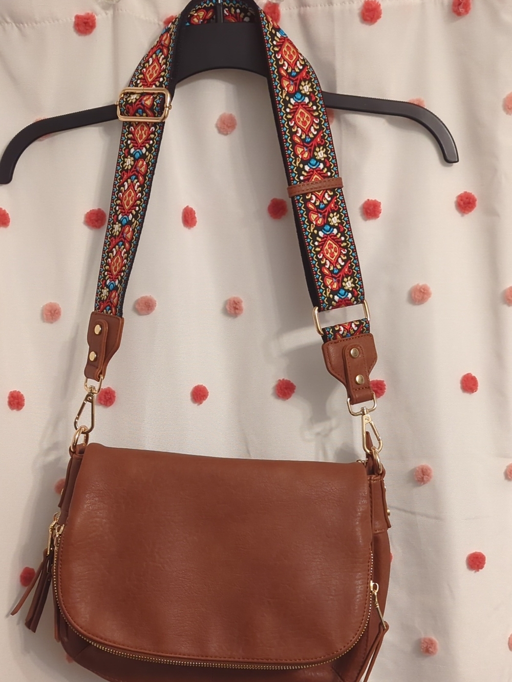 Brown Crossbody Bag with Colorful Embroidered Strap